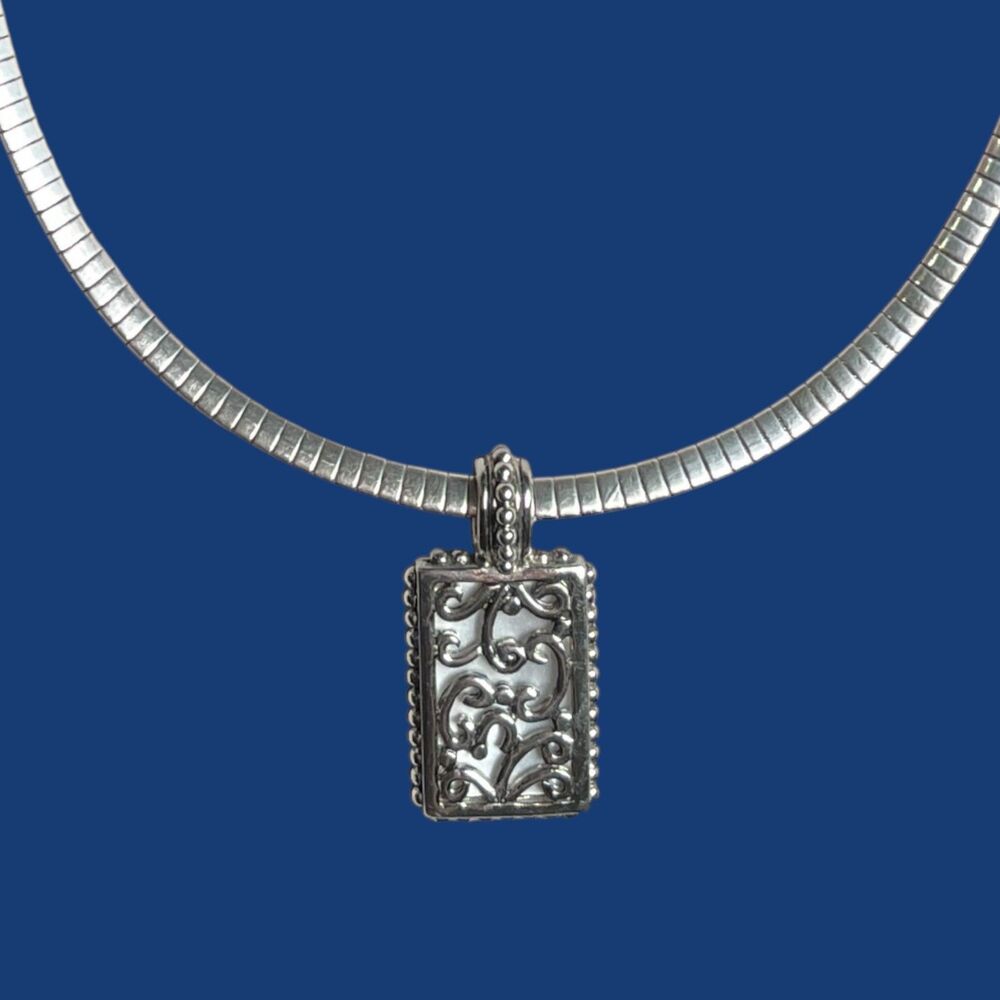 Omega Chain Necklace Silver Tone Collar Reversible Mother of Pearl Pendant 16"